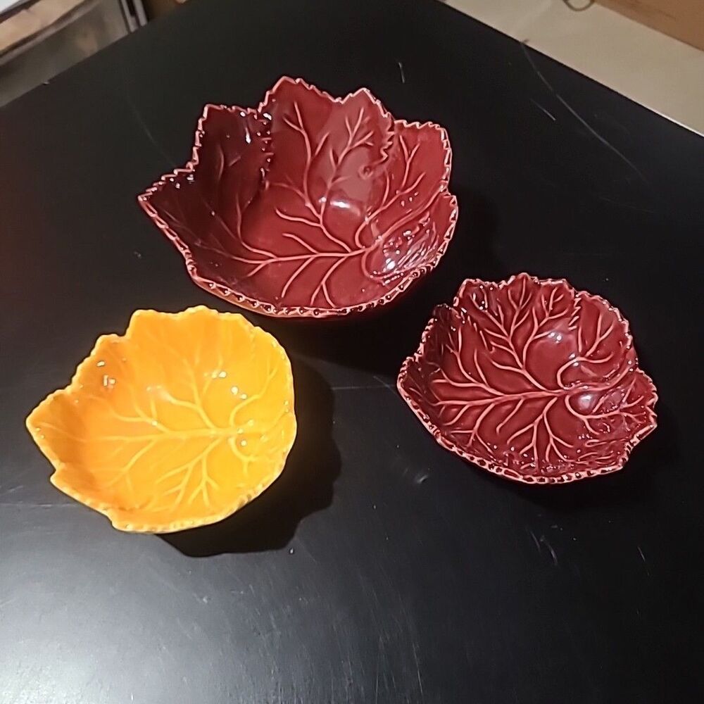 (3) OLFAIRE Ceramic Red & Orange Leaf 6.75” & 4.75" Bowls MADE IN PORTUGAL
